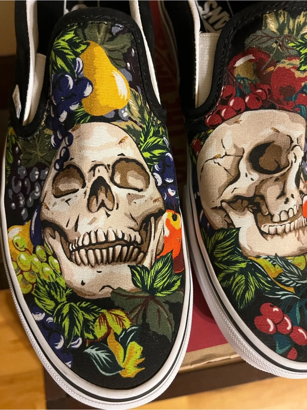 Unique Vans Black Canvas Slip-On with Colorful Skull & Fruit Print